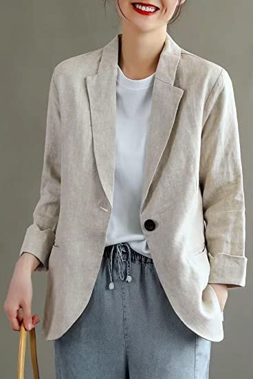 Womens Cotton Linen Blazer Notch Lapel One Button Suit Coat Jackets