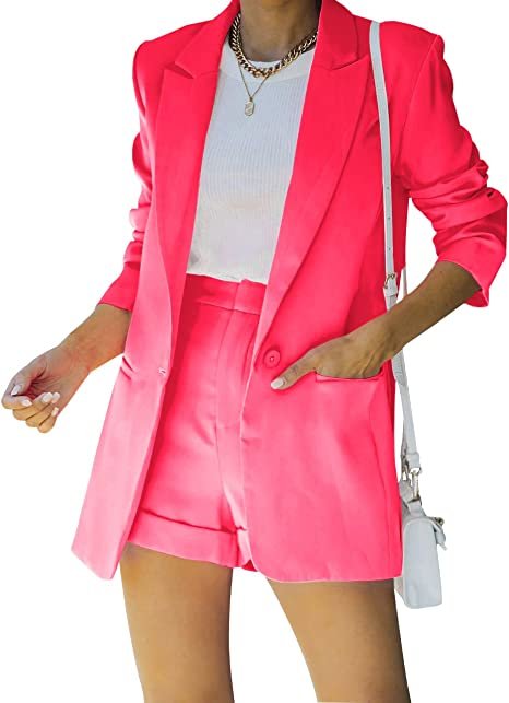 Women's 2 Piece Open Front Long Sleeve Blazer and Solid Short Pants Suit Sets