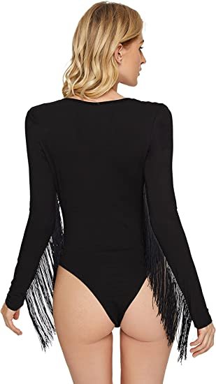 Women's Fringe Trim V Neck Long Sleeve Bodysuit