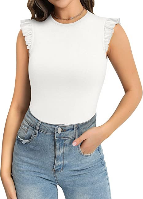 Women's Body Suits Cute Crew Neck Ruffle Sleeveless Slim Fit Bodysuit